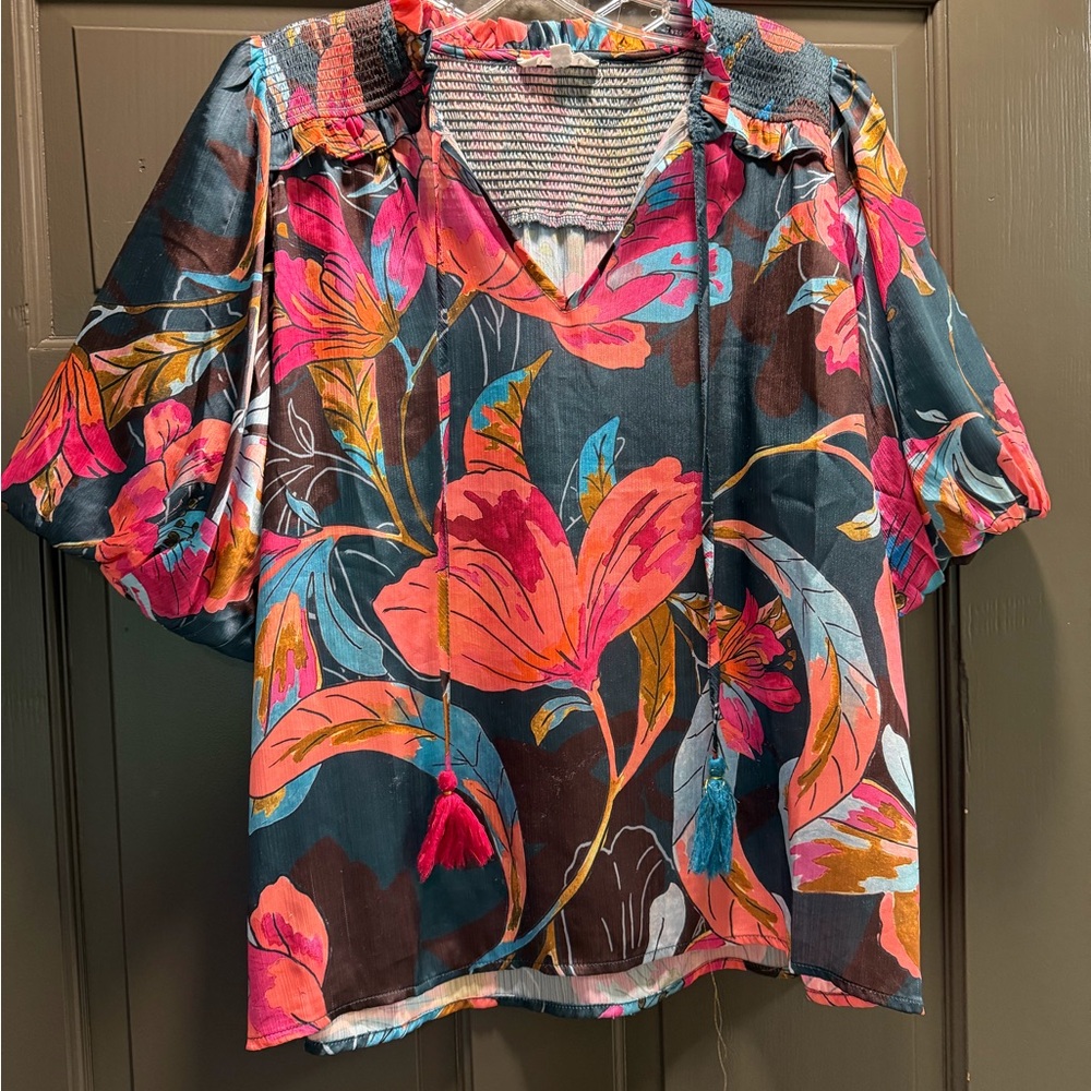 THML Teal Floral V-Neck Blouse with Pink and Coral Accents